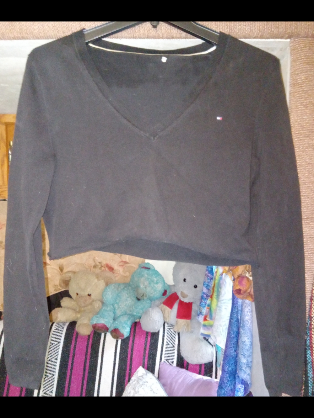 Tommy Hilfiger Navy Blue V-Neck Long-Sleeve Cropped Top